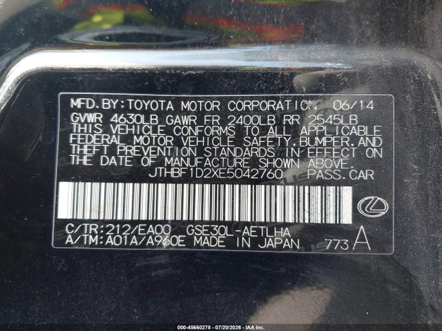 2014 Lexus Is 250 მანქანა იყიდება აუქციონზე, vin: JTHBF1D2XE5042760, აუქციონის ნომერი: 45660278
