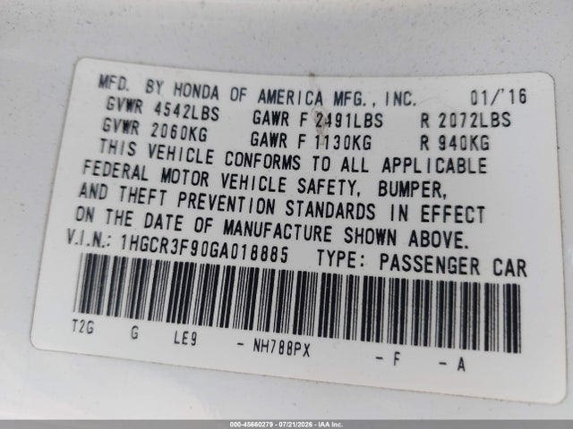 1HGCR3F90GA018885 Honda Accord Touring