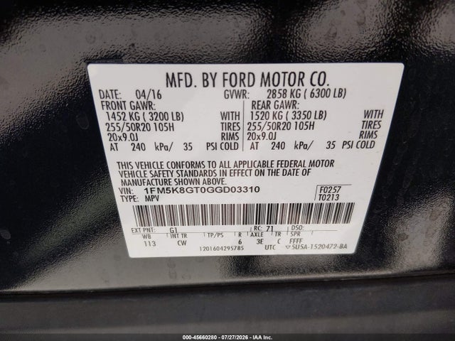 Ford EXPLORER SPORT 2016 1FM5K8GT0GGD03310 Image 9