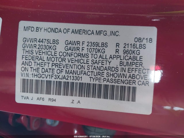 1HGCV1F3XJA213301 Honda Accord Sport
