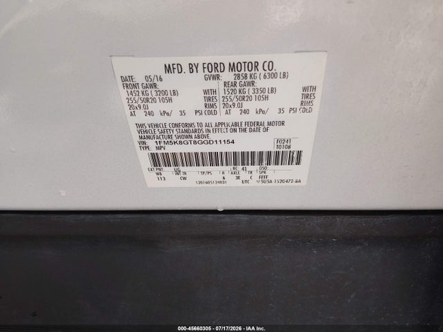 45660305 :رقم المزاد ، 1FM5K8GT8GGD11154 vin ، 2016 Ford Explorer Sport مزاد بيع