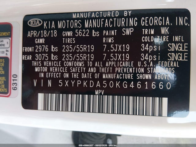 45660307 :رقم المزاد ، 5XYPKDA50KG461660 vin ، 2019 Kia Sorento 3.3l Sxl مزاد بيع