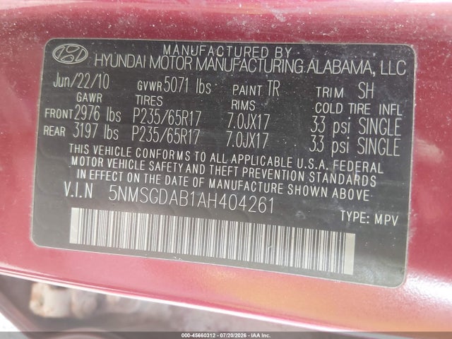 Продаж на аукціоні авто 2010 Hyundai Santa Fe Gls, vin: 5NMSGDAB1AH404261, номер лоту: 45660312