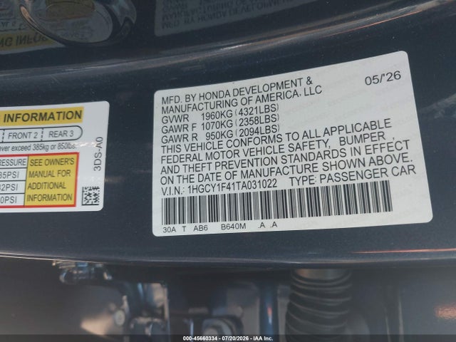 45660334 :رقم المزاد ، 1HGCY1F41TA031022 vin ، 2026 Honda Accord Se مزاد بيع