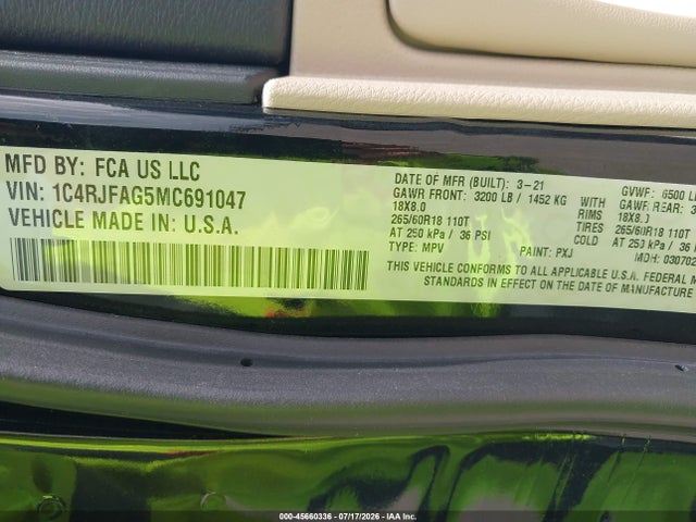 Продажа на аукционе авто 2021 Jeep Grand Cherokee Laredo E 4x4, vin: 1C4RJFAG5MC691047, номер лота: 45660336