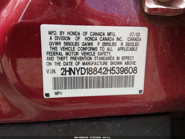 45660339 :رقم المزاد ، 2HNYD18842H539608 vin ، 2002 Acura Mdx مزاد بيع