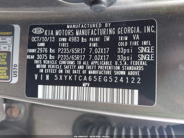 2014 Kia Sorento Lx მანქანა იყიდება აუქციონზე, vin: 5XYKTCA65EG524122, აუქციონის ნომერი: 45660342