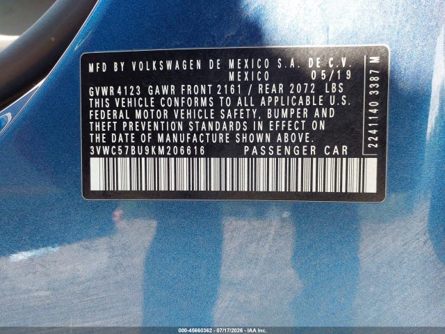 Продажа на аукционе авто 2019 Volkswagen Jetta 1.4t R-line/1.4t S/1.4t Se, vin: 3VWC57BU9KM206616, номер лота: 45660362