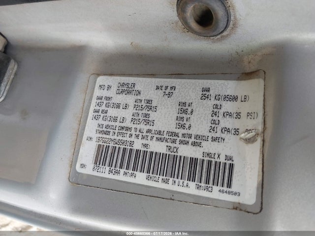 45660366 :رقم المزاد ، 1B7GG22Y6WS503182 vin ، 1998 Dodge Dakota Slt/sport مزاد بيع