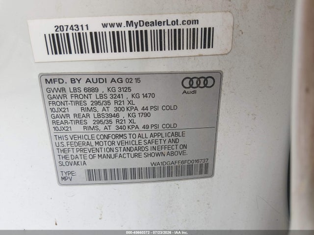 Продаж на аукціоні авто 2015 Audi Q7 3.0t S Line Prestige, vin: WA1DGAFE6FD016737, номер лоту: 45660372