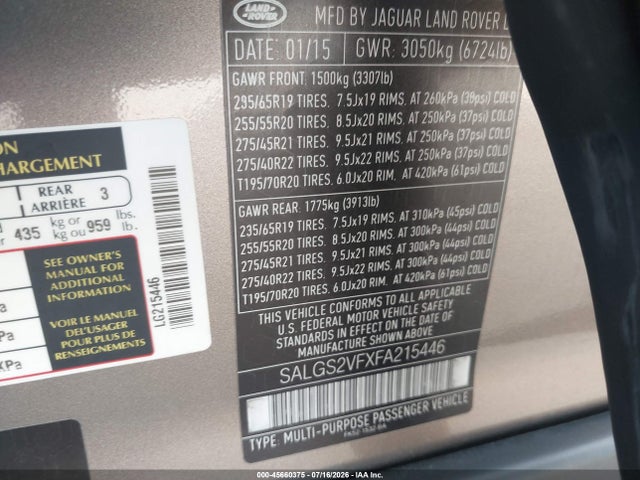 Land Rover Range Rover 3.0l V6 Supercharged Hse 2015 SALGS2VFXFA215446 Image 9