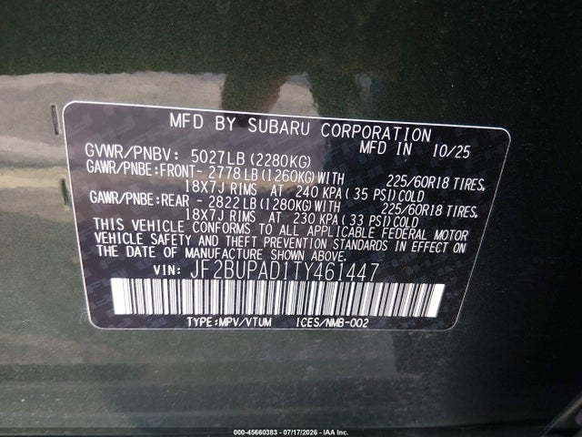45660383 :رقم المزاد ، JF2BUPAD1TY461447 vin ، 2026 Subaru Outback Premium مزاد بيع