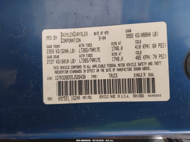 Продажа на аукционе авто 2005 Dodge Ram 2500 Slt/laramie, vin: 1D7KS28D55J526430, номер лота: 45660395