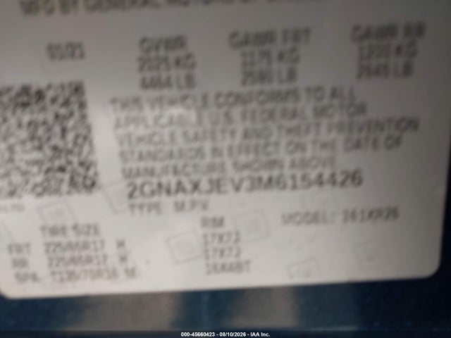 Aukcja sprzedaży 2021 Chevrolet Equinox Fwd 2fl, vin: 2GNAXJEV3M6154426, numer aukcji: 45660423