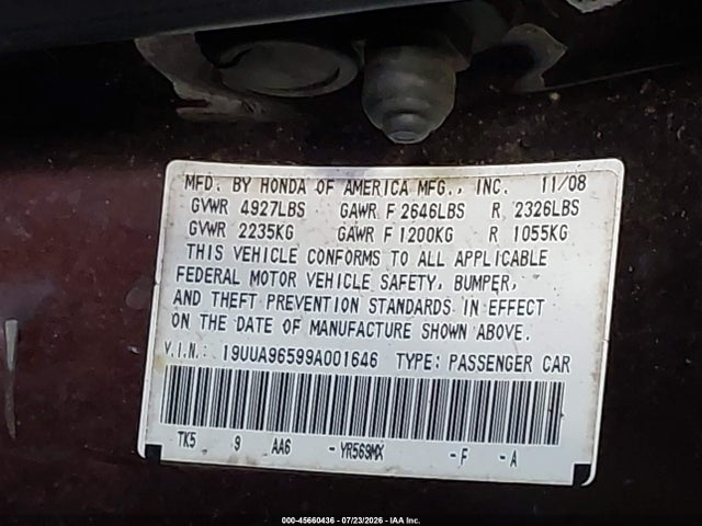 2009 Acura Tl 3.7 მანქანა იყიდება აუქციონზე, vin: 19UUA96599A001646, აუქციონის ნომერი: 45660436