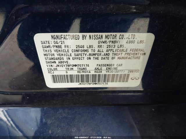 Aukcja sprzedaży 2021 Infiniti Q50 Luxe, vin: JN1EV7BP0MM707174, numer aukcji: 45660437