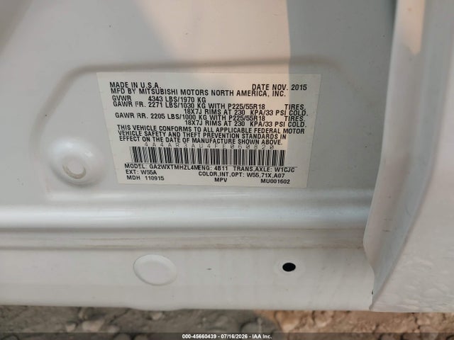 2015 Mitsubishi Outlander Sport Es მანქანა იყიდება აუქციონზე, vin: 4A4AR3AU4FE060820, აუქციონის ნომერი: 45660439