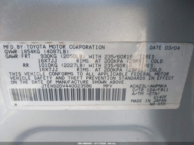 Aukcja sprzedaży 2004 Toyota Rav4, vin: JTEHD20V440023586, numer aukcji: 45660441