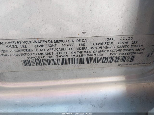 Aukcja sprzedaży 2011 Volkswagen Jetta Sportwagen 2.0l Tdi, vin: 3VWPL7AJ1BM642813, numer aukcji: 45660467
