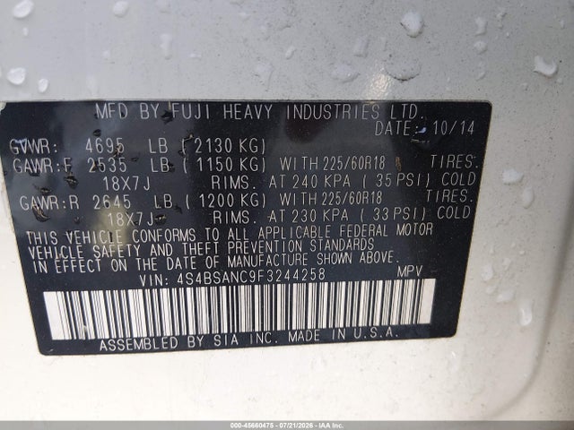Продаж на аукціоні авто 2015 Subaru Outback 2.5i Limited, vin: 4S4BSANC9F3244258, номер лоту: 45660475
