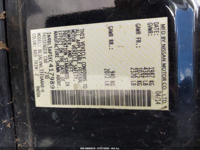 Продажа на аукционе авто 2014 Nissan Altima 3.5 Sl, vin: 1N4BL3AP1EC417989, номер лота: 45660515