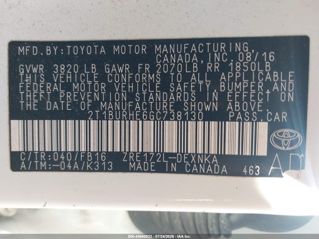 2T1BURHE6GC738130 Toyota COROLLA LE