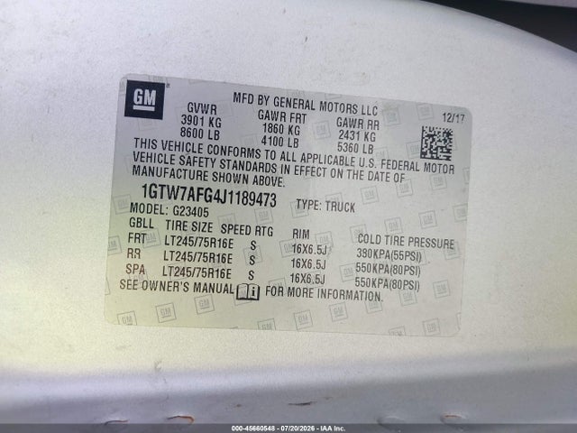 45660548 :رقم المزاد ، 1GTW7AFG4J1189473 vin ، 2018 Gmc Savana 2500 Work Van مزاد بيع