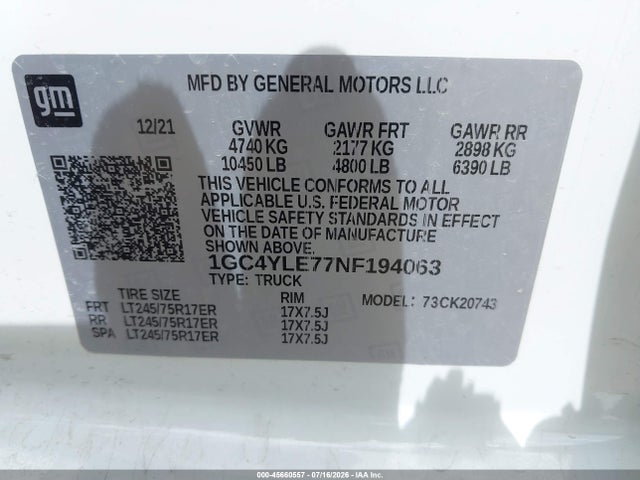Auction sale of the 2022 Chevrolet Silverado 2500hd 4wd  Standard Bed Wt, vin: 1GC4YLE77NF194063, lot number: 45660557