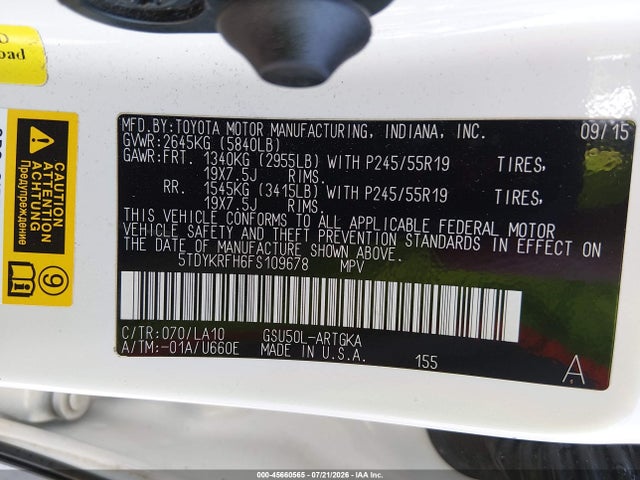 5TDYKRFH6FS109678 Toyota Highlander Limited Platinum V6