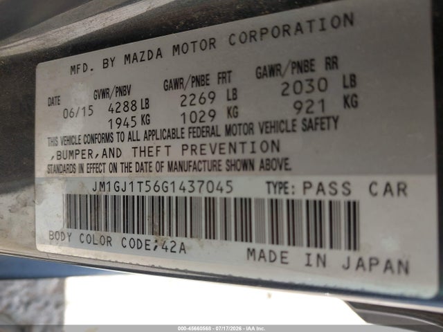 Aukcja sprzedaży 2016 Mazda Mazda6 I Touring, vin: JM1GJ1T56G1437045, numer aukcji: 45660568