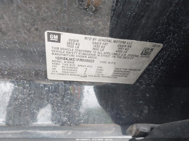 45660572 :رقم المزاد ، 1GNSKJKC1FR598823 vin ، 2015 Chevrolet Suburban Lt مزاد بيع