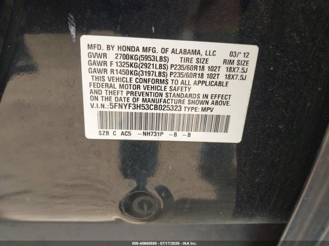 45660580 :رقم المزاد ، 5FNYF3H53CB025323 vin ، 2012 Honda Pilot Ex-l مزاد بيع