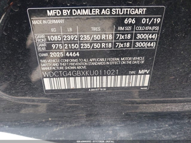 Продаж на аукціоні авто 2019 Mercedes-benz Gla 250 4matic, vin: WDCTG4GBXKU011021, номер лоту: 45660592