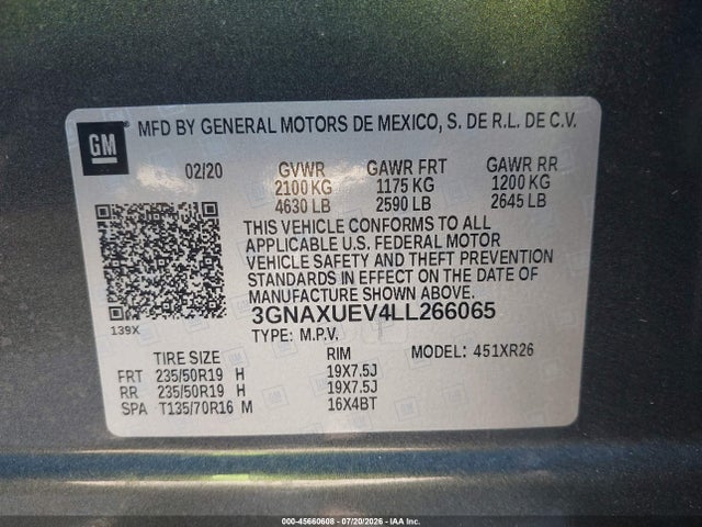 Aukcja sprzedaży 2020 Chevrolet Equinox Awd Lt 1.5l Turbo, vin: 3GNAXUEV4LL266065, numer aukcji: 45660608