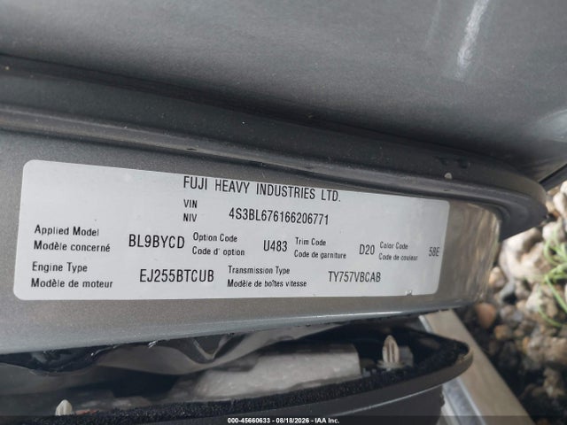 2006 Subaru Legacy 2.5gt Limited/2.5gt Spec.b მანქანა იყიდება აუქციონზე, vin: 4S3BL676166206771, აუქციონის ნომერი: 45660633