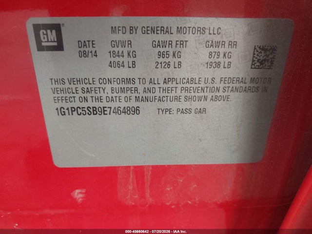 1G1PC5SB9E7464896 Chevrolet Cruze 1lt Auto