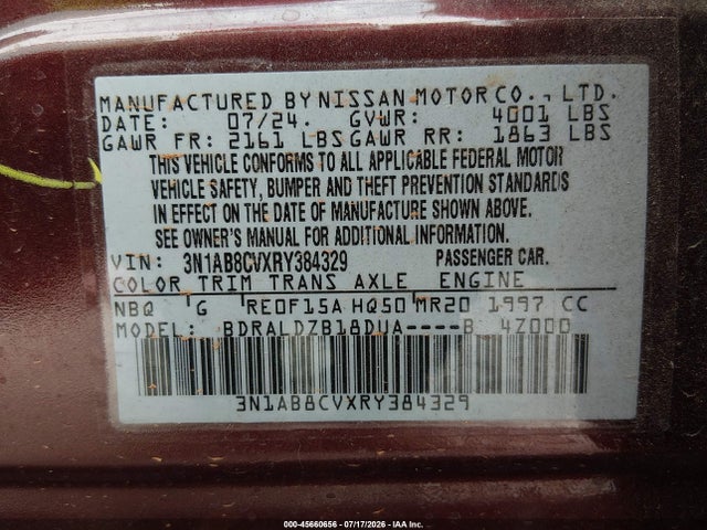 3N1AB8CVXRY384329 Nissan Sentra Sv Xtronic Cvt