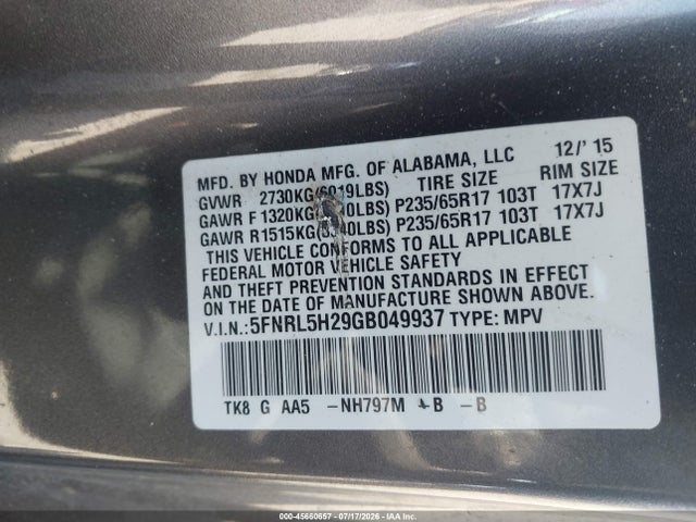 Honda ODYSSEY LX 2016 5FNRL5H29GB049937 Image 9