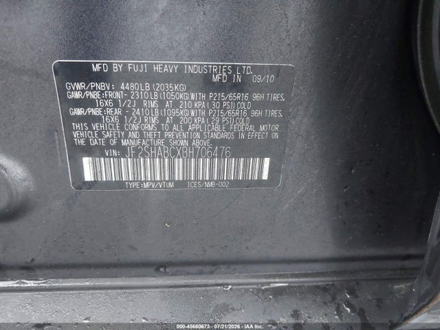 45660673 :رقم المزاد ، JF2SHABCXBH706476 vin ، 2011 Subaru Forester 2.5x مزاد بيع