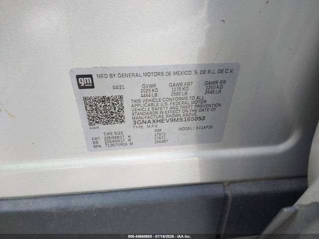 Aukcja sprzedaży 2021 Chevrolet Equinox Fwd Ls, vin: 3GNAXHEV9MS165053, numer aukcji: 45660680