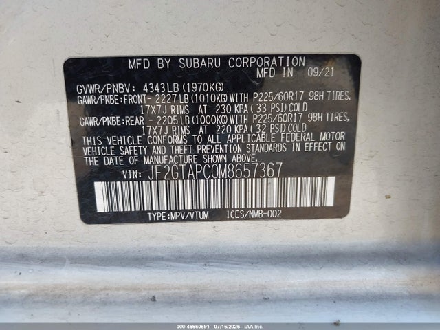45660691 :رقم المزاد ، JF2GTAPC0M8657367 vin ، 2021 Subaru Crosstrek Premium مزاد بيع