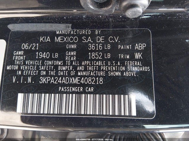Aukcja sprzedaży 2021 Kia Rio Lx, vin: 3KPA24ADXME408218, numer aukcji: 45660709