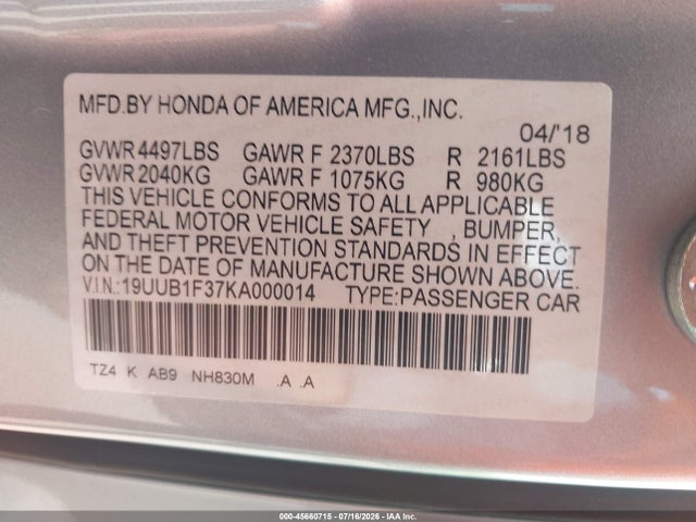 45660715 :رقم المزاد ، 19UUB1F37KA000014 vin ، 2019 Acura Tlx Standard مزاد بيع