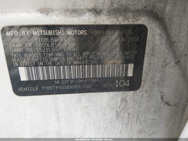 45660736 :رقم المزاد ، ML32F3FJ9HHF09662 vin ، 2017 Mitsubishi Mirage G4 Es مزاد بيع