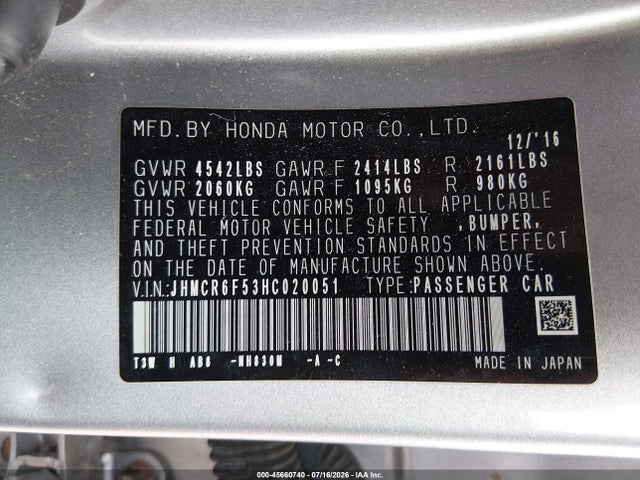 JHMCR6F53HC020051 Honda Accord Hybrid Ex-l