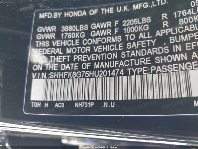 45660742 :رقم المزاد ، SHHFK8G75HU201474 vin ، 2017 Honda Civic Type R Touring مزاد بيع