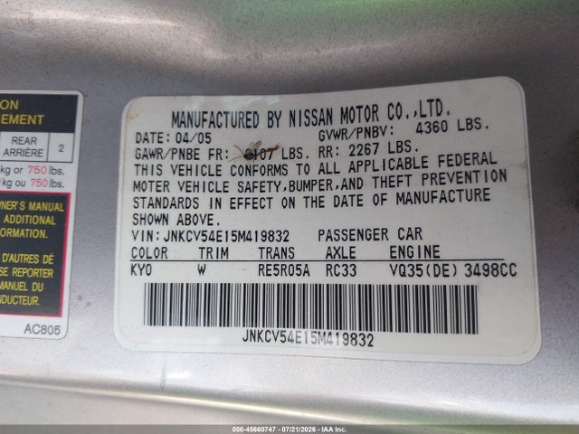 45660747 :رقم المزاد ، JNKCV54E15M419832 vin ، 2005 Infiniti G35 مزاد بيع