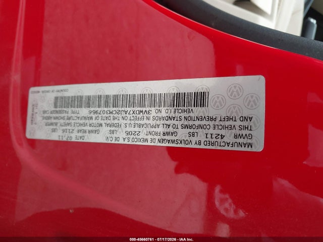2012 Volkswagen Jetta 2.5l Se მანქანა იყიდება აუქციონზე, vin: 3VWDX7AJ2CM307956, აუქციონის ნომერი: 45660761