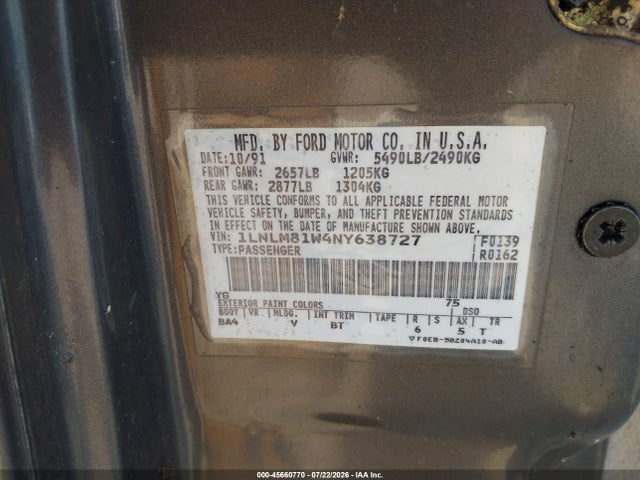 Продаж на аукціоні авто 1992 Lincoln Town Car Executive, vin: 1LNLM81W4NY638727, номер лоту: 45660770