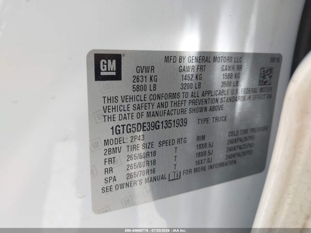 45660776 :رقم المزاد ، 1GTG5DE39G1351939 vin ، 2016 Gmc Canyon 2wd Slt مزاد بيع